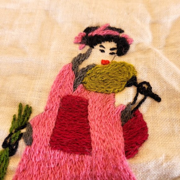 Vintage 1972 Embroidery Handmade Asian Lady Geisha Iris Slow Stitch Cottagecore - Picture 9 of 14